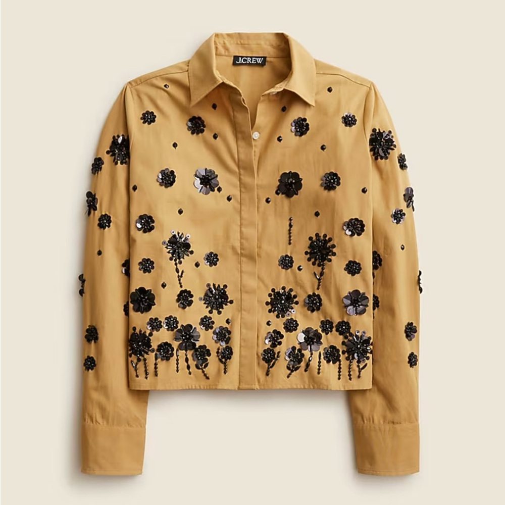 J. Crew Women's Floral Embellished Tan Shirt